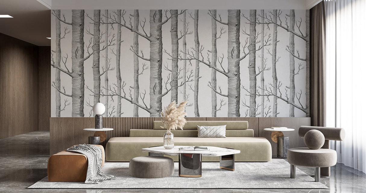 Black and white tree pattern making statement in home office
