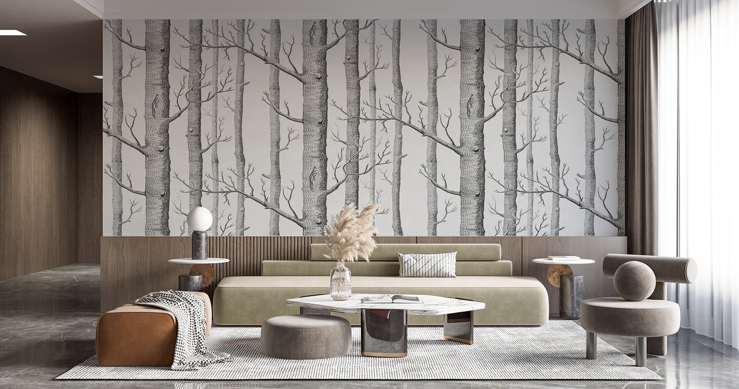 Black and white tree pattern making statement in home office