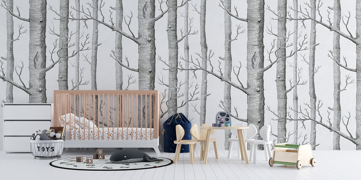 Forest mural creating calm atmosphere in modern hallway