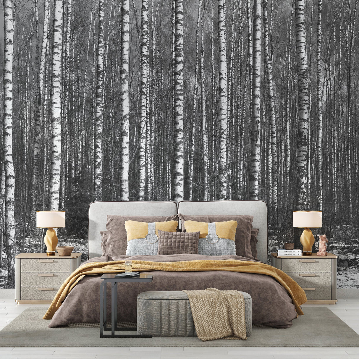 Scandinavian bedroom featuring birch tree wallpaper mural in monochrome tones