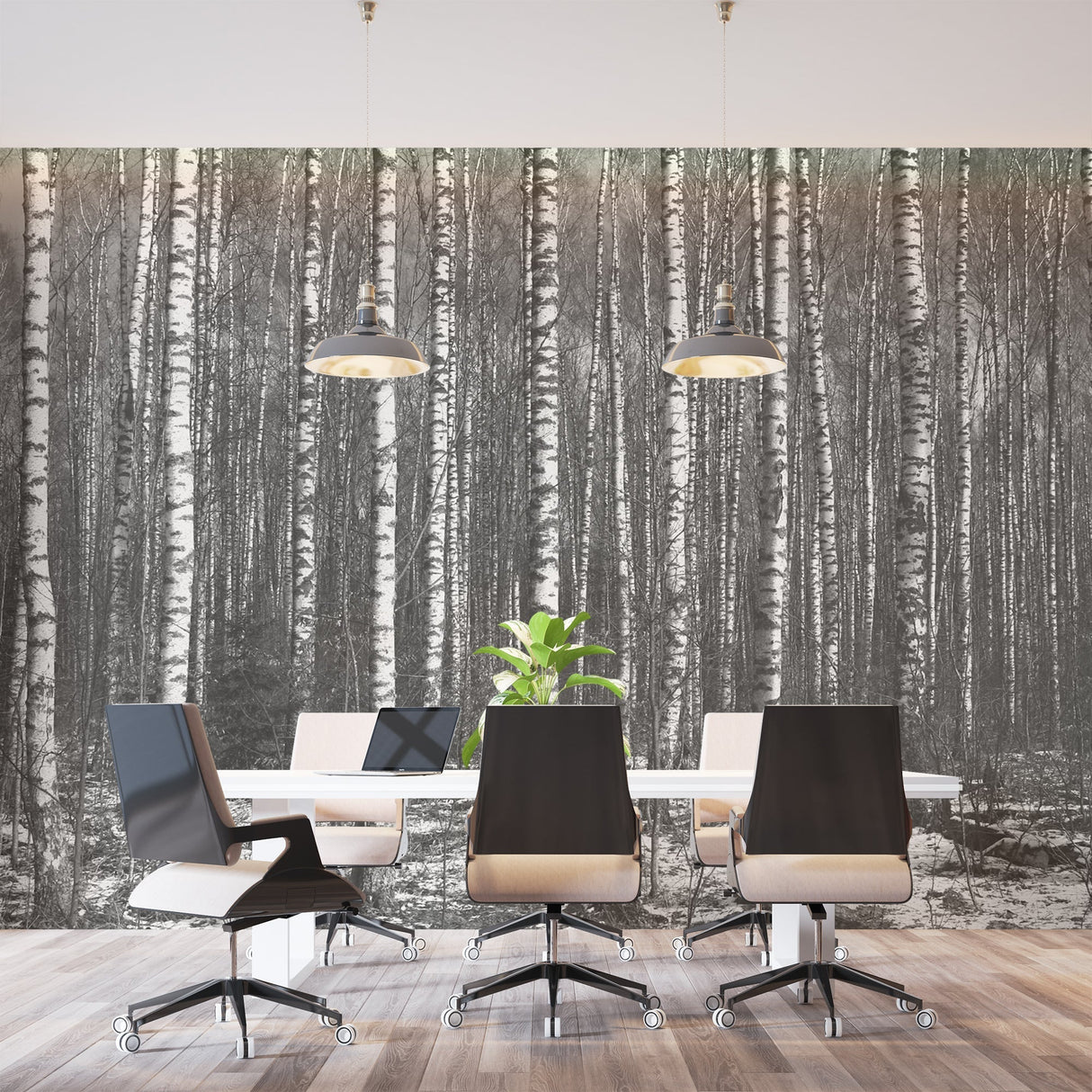 Home office with dramatic black and white forest wall mural creating focus wall