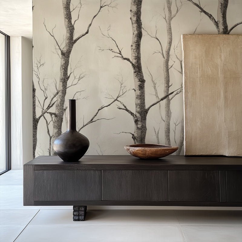 Monochrome forest wallpaper in cozy bedroom showing scale and contrast