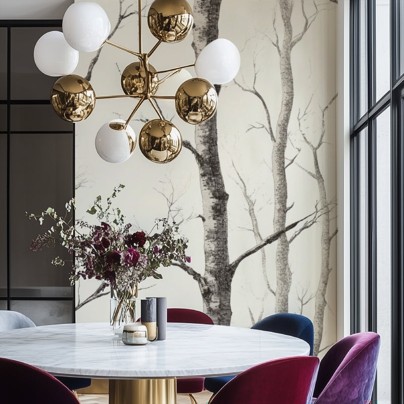 Black and white forest mural in dining room with natural lighting