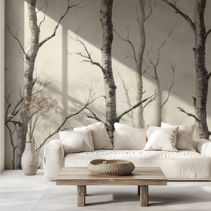 Forest wallpaper creating depth in minimalist hallway space