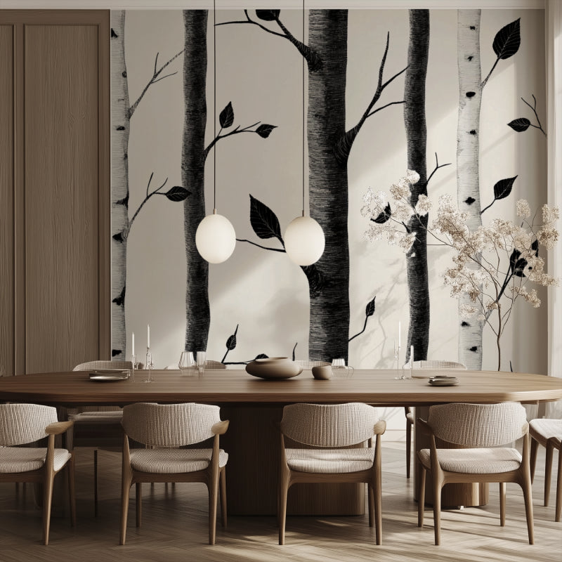 Birch tree wallpaper in a stylish dining room with natural light