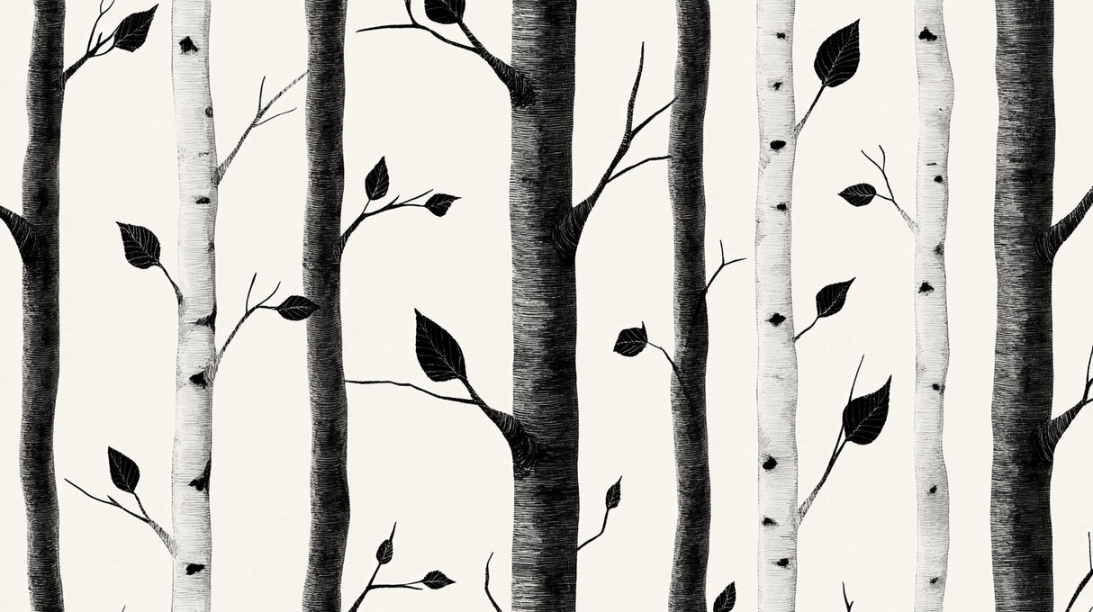 Black and white birch forest wallpaper design file showing intricate trunk details and leaf patterns