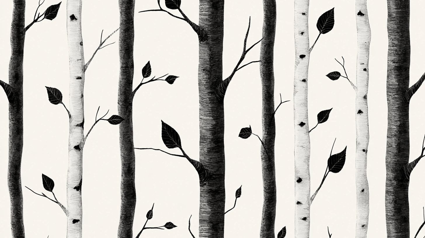 Black and white birch forest wallpaper design file showing intricate trunk details and leaf patterns