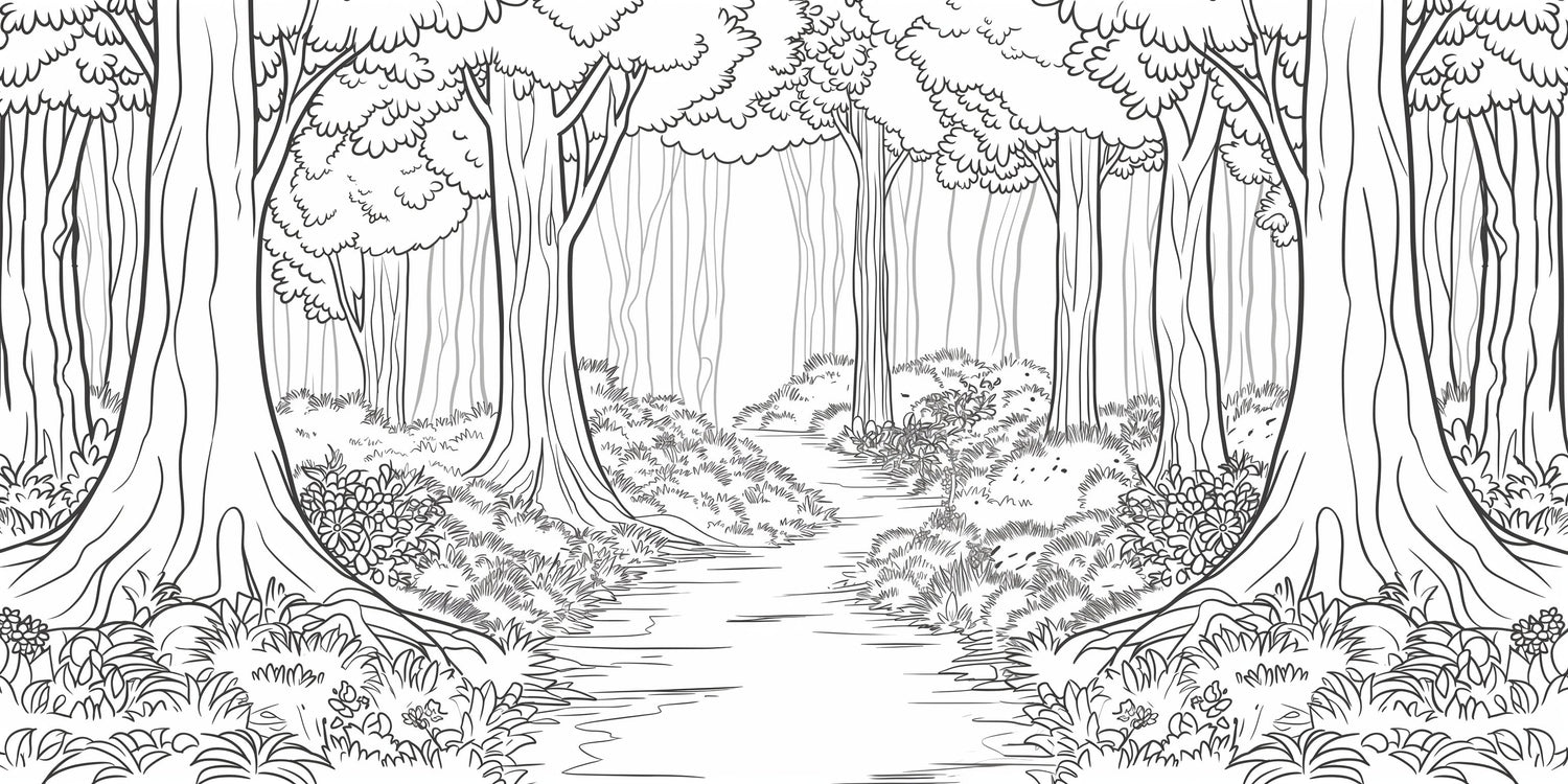 Forest path wallpaper design file showing intricate black and white line art detail