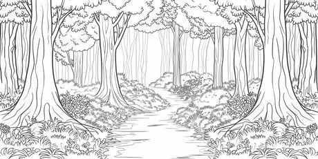 Forest path wallpaper design file showing intricate black and white line art detail