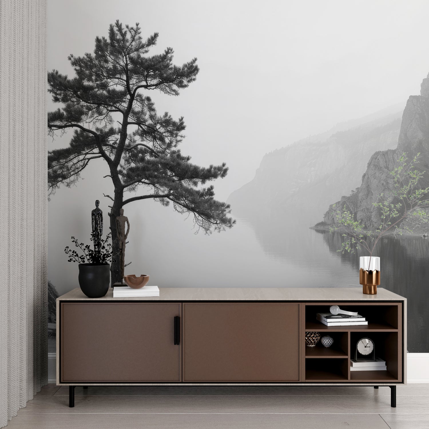 Mountain lake mural bringing natural elements to modern hallway