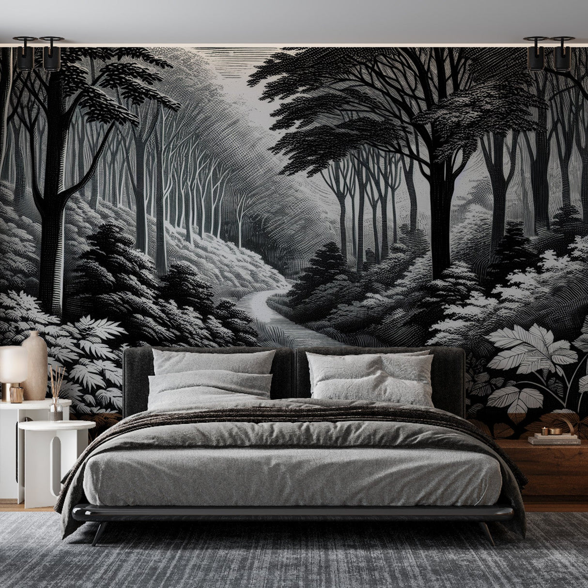 Black and white forest path wallpaper mural in a modern living room, creating depth and serenity with monochrome tree silhouettes