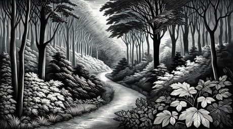 Black and white forest path wallpaper design file showing detailed tree silhouettes and winding path pattern