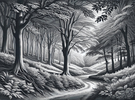 Black and white forest path wallpaper design file showing detailed tree patterns and nature path