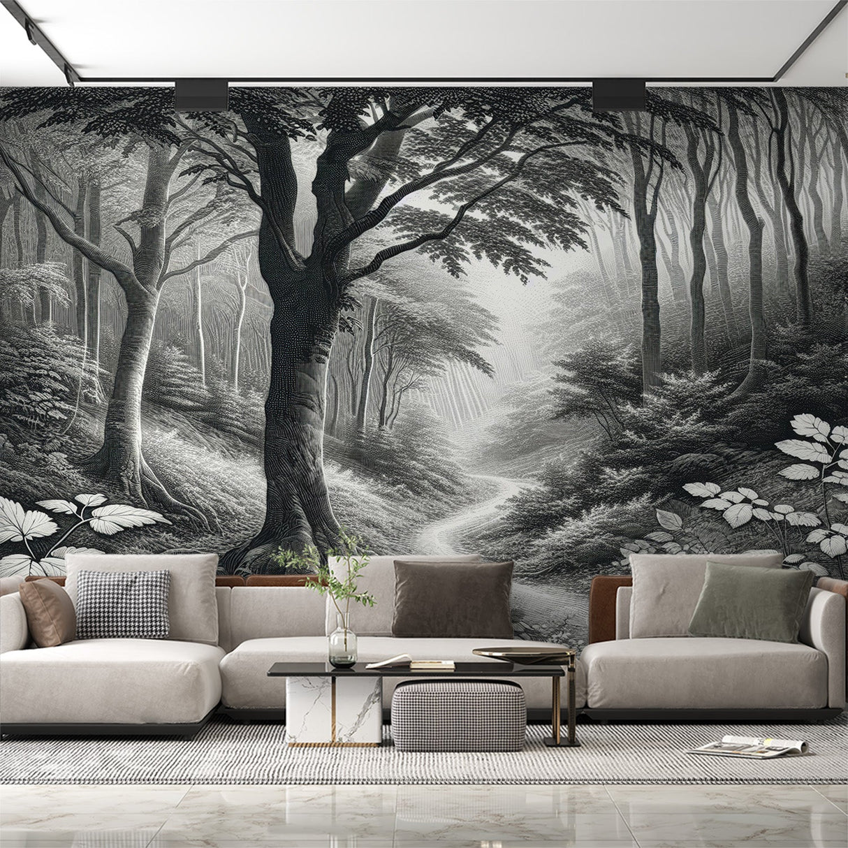 Black and white forest path mural wallpaper in a minimalist living room creating depth and atmosphere