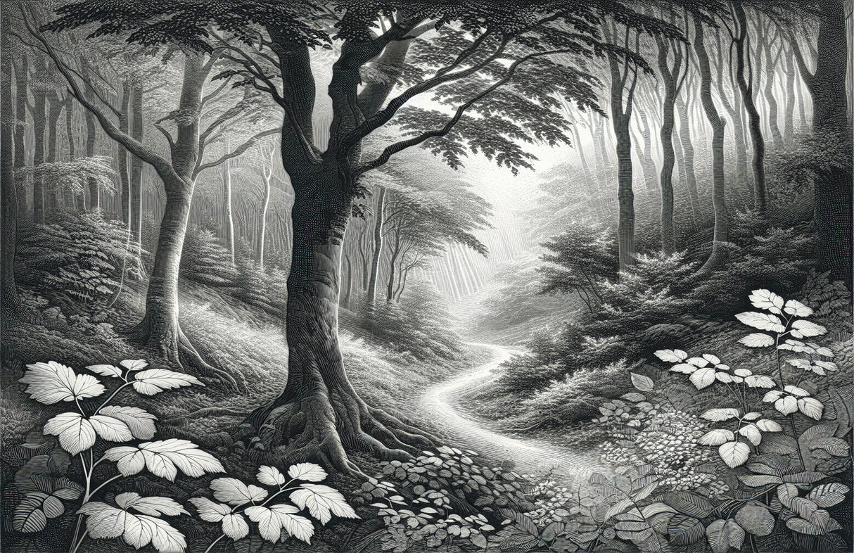 Forest path wall mural design file showing detailed black and white nature pattern