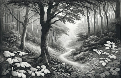 Forest path wall mural design file showing detailed black and white nature pattern