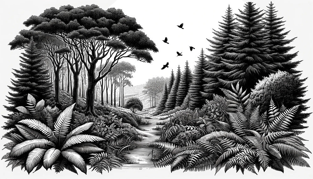 Black and white forest wallpaper design file showing detailed tree and fern pattern