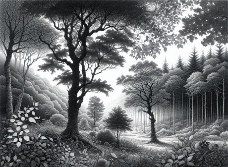 Black and white forest scene design file showing detailed tree silhouettes and misty backdrop
