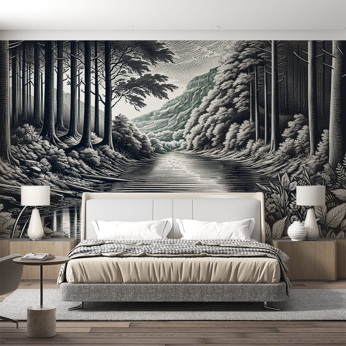Black and white forest wallpaper mural creating depth in modern minimalist living room with grey sofa and natural light