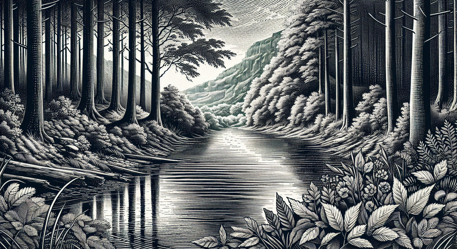 Black and white forest scene design file showing detailed tree line art and mountain landscape pattern