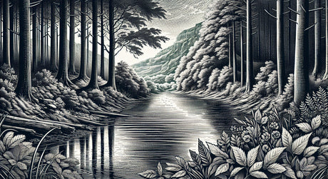 Black and white forest scene design file showing detailed tree line art and mountain landscape pattern