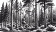 Black and white forest mural wallpaper creating depth in modern living room with grey sofa