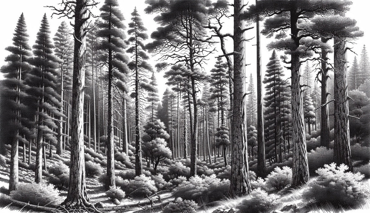 Black and white forest mural wallpaper creating depth in modern living room with grey sofa
