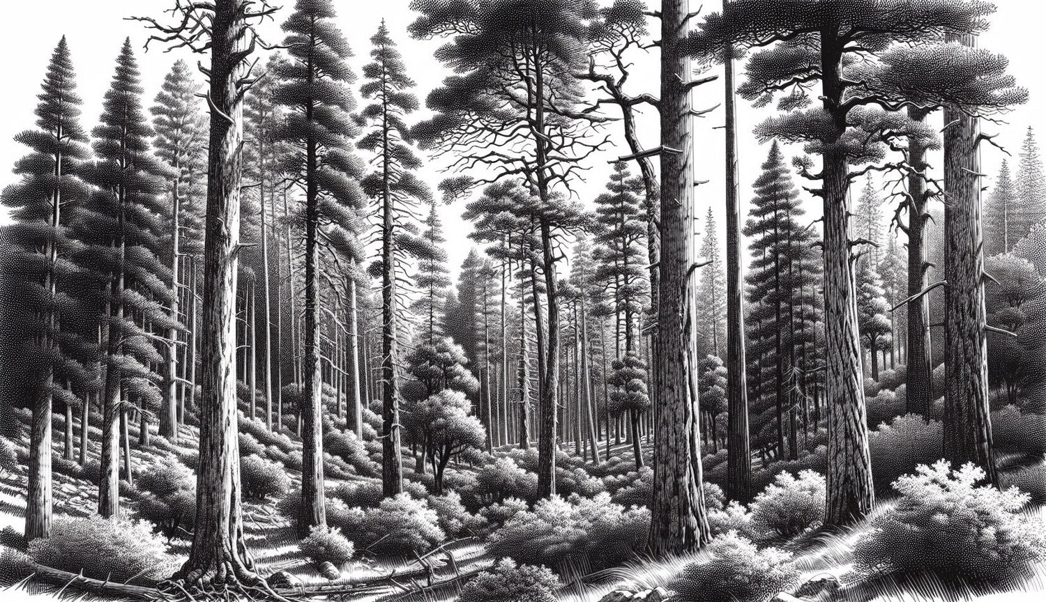 Black and white forest mural wallpaper creating depth in modern living room with grey sofa