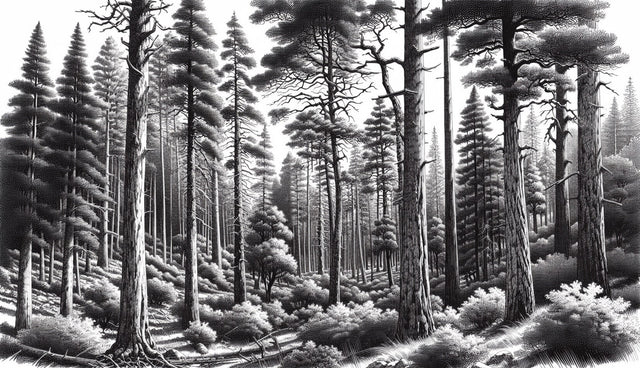 Black and white forest mural wallpaper creating depth in modern living room with grey sofa