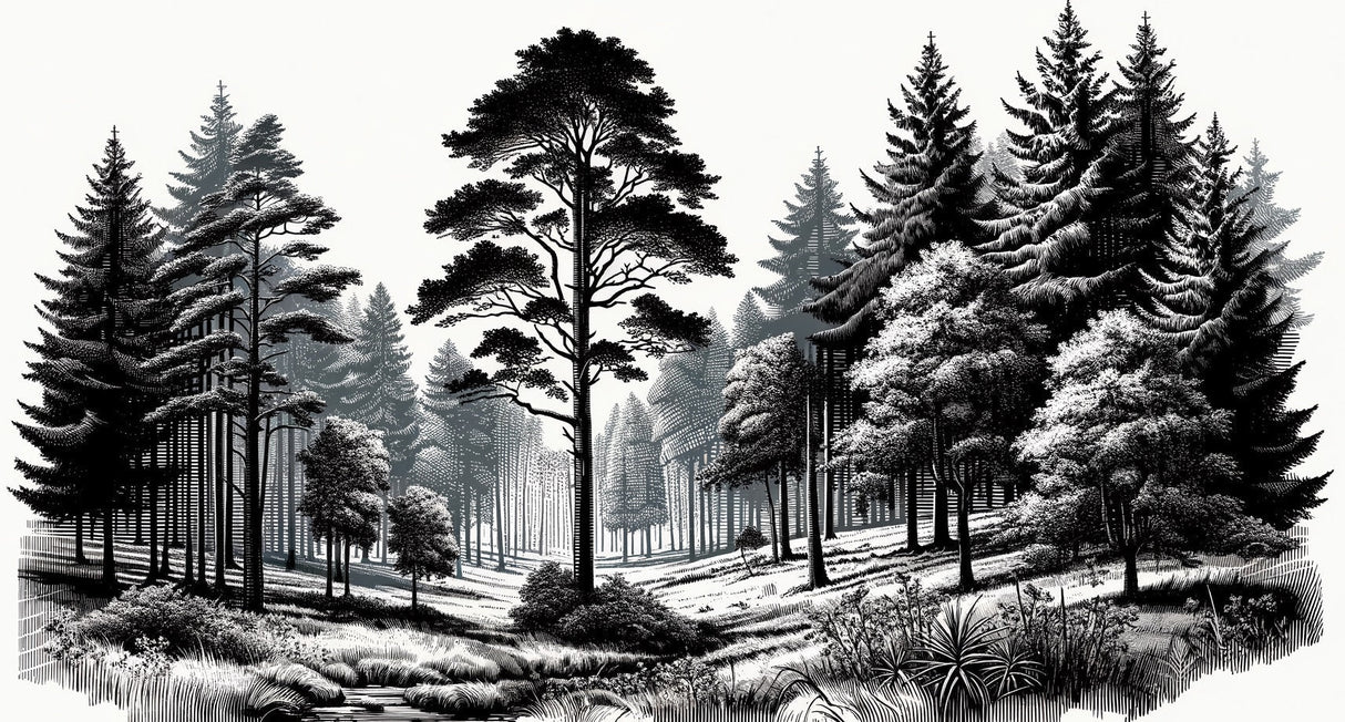 Monochrome pine tree wallpaper adding character to a cozy bedroom setting