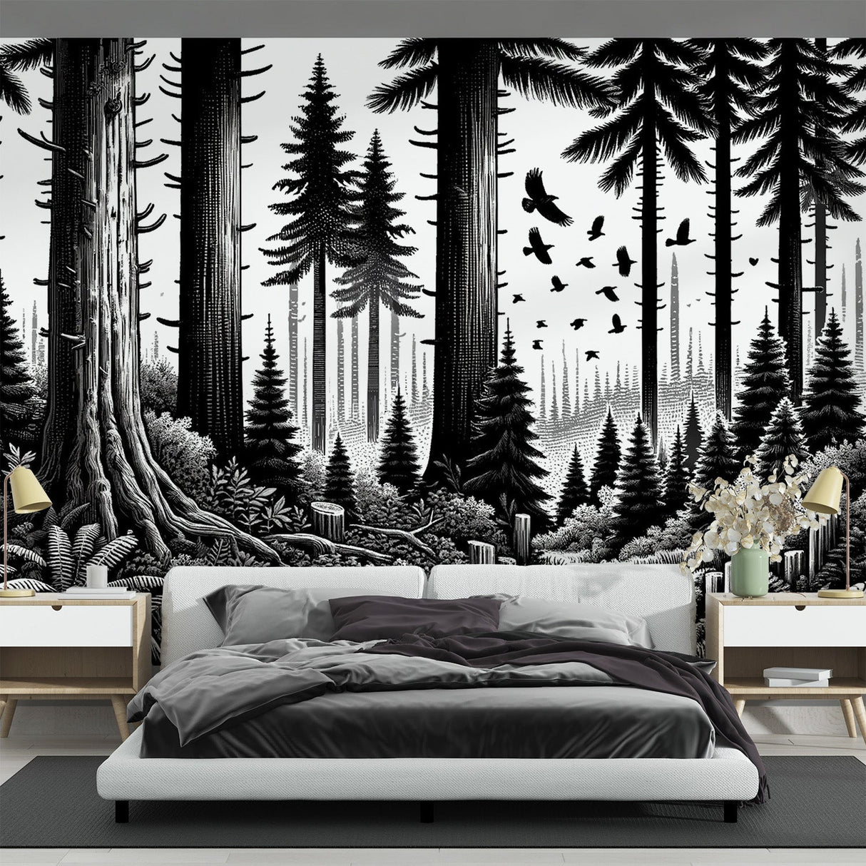 Black and white forest mural wallpaper creating depth in a modern living room with minimal furniture