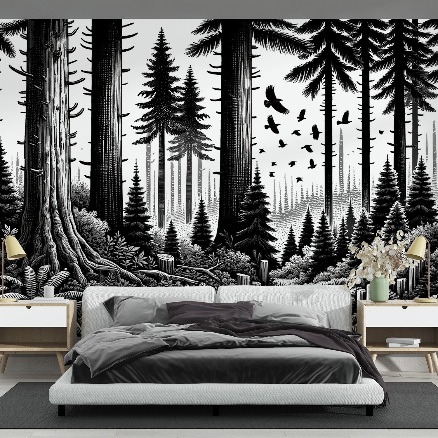 Black and white forest mural wallpaper creating depth in a modern living room with minimal furniture