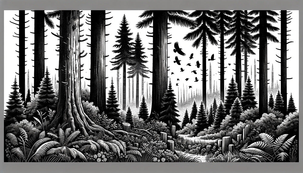 Forest mural wallpaper design file showing detailed pine trees and flying birds pattern in monochrome