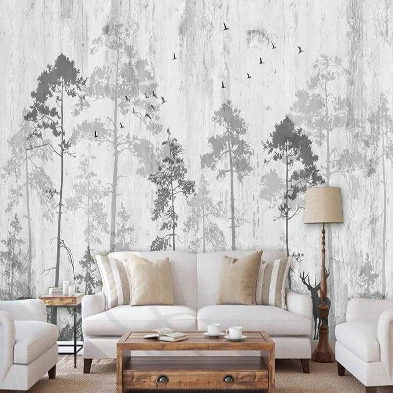 Black and white tree mural adding character to a home office