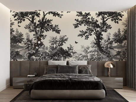 Black and white forest wallpaper mural in modern living room with minimal furniture