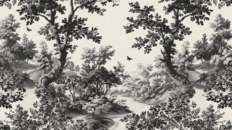 Black and white toile de jouy forest pattern design file showing intricate details