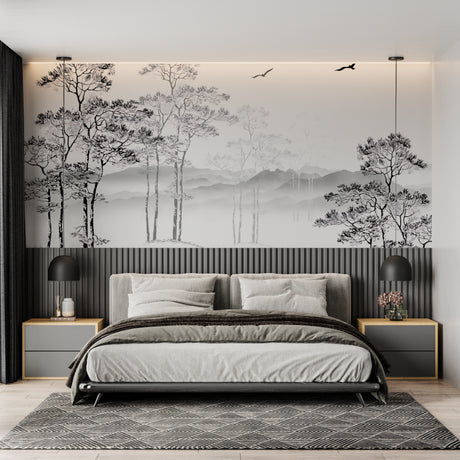 Black and white forest wallpaper in modern living room with gray sofa