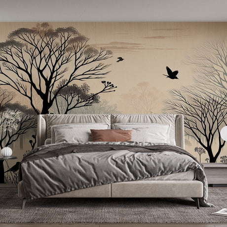Forest silhouette wallpaper with birds creating depth in a minimalist bedroom with soft morning light