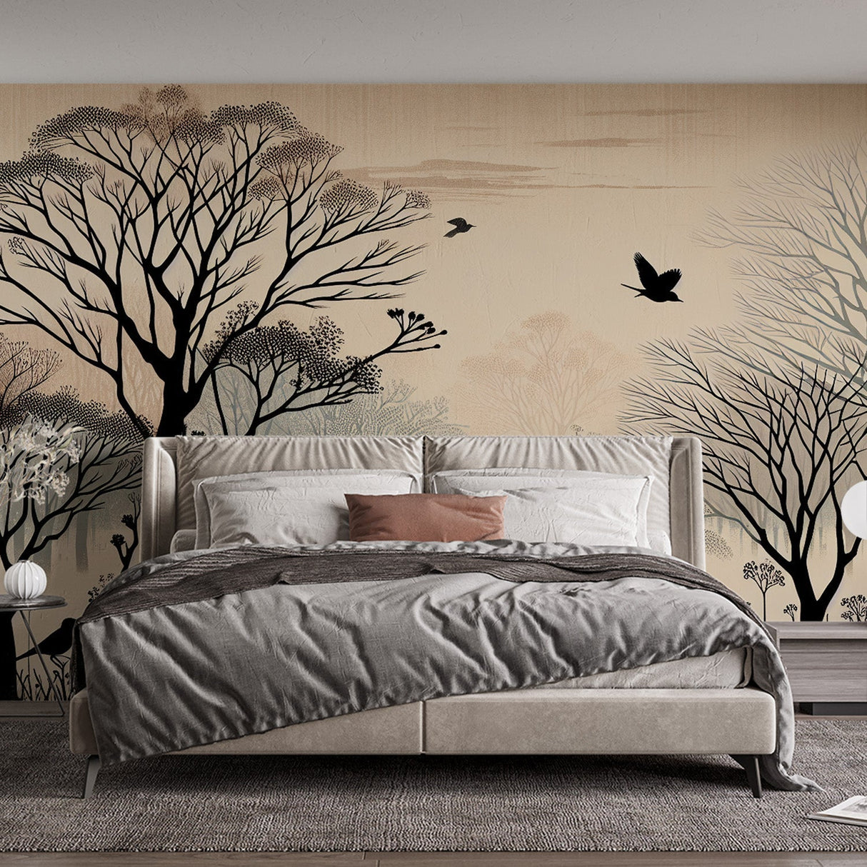 Forest silhouette wallpaper with birds creating depth in a minimalist bedroom with soft morning light