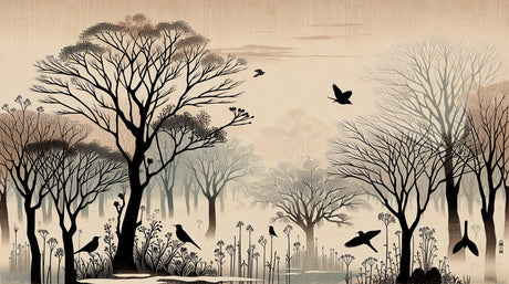 Black trees and birds silhouette design file showing intricate pattern details