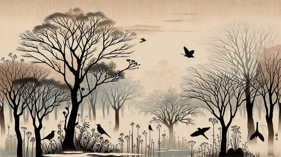 Black trees and birds silhouette design file showing intricate pattern details