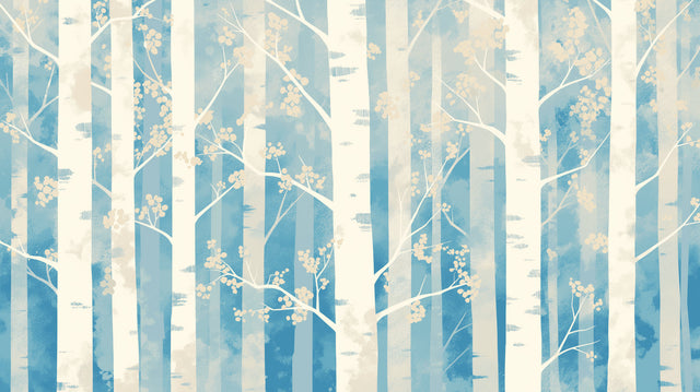 Blue Forest Birch Tree Wallpaper in modern living room with natural light highlighting the white tree trunks