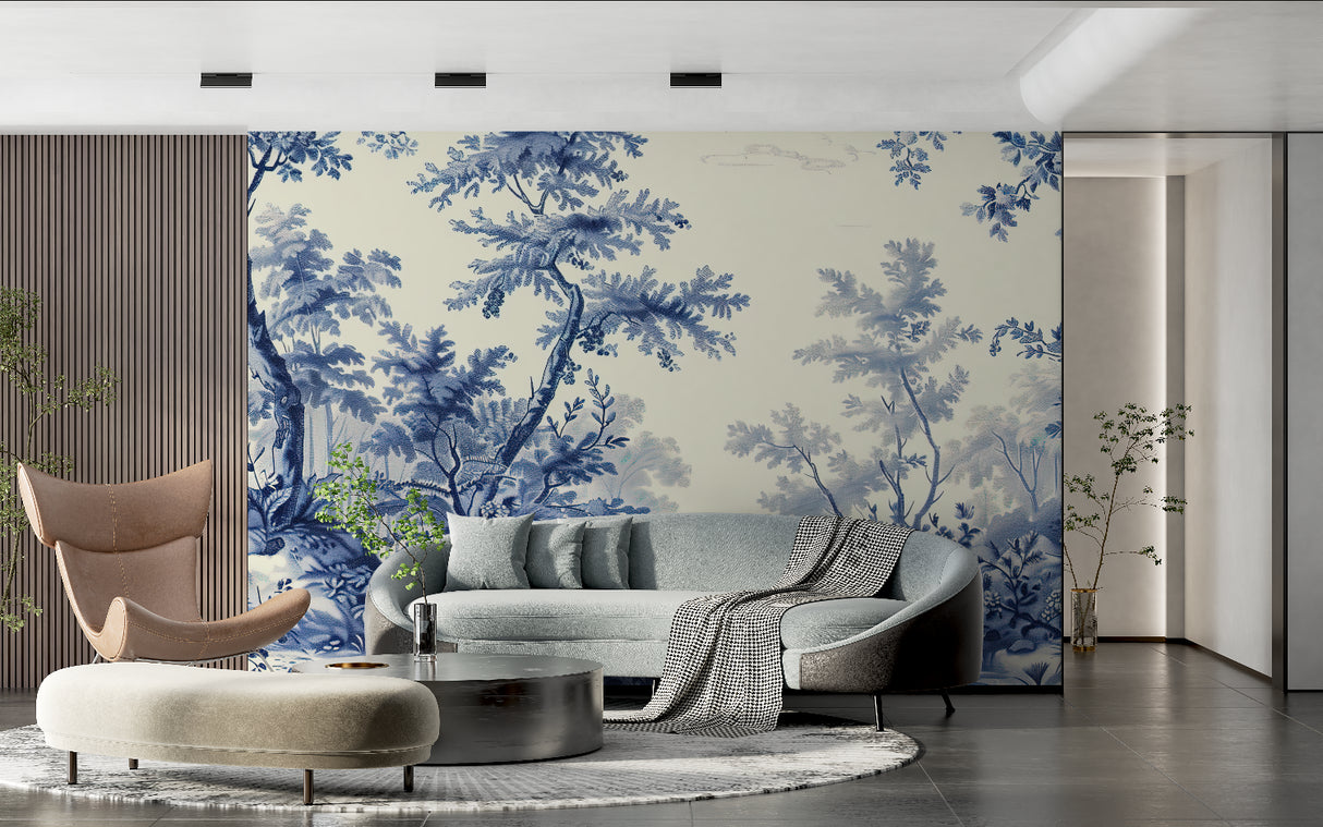 Japanese forest wallpaper mural in modern living room with grey sofa and natural light