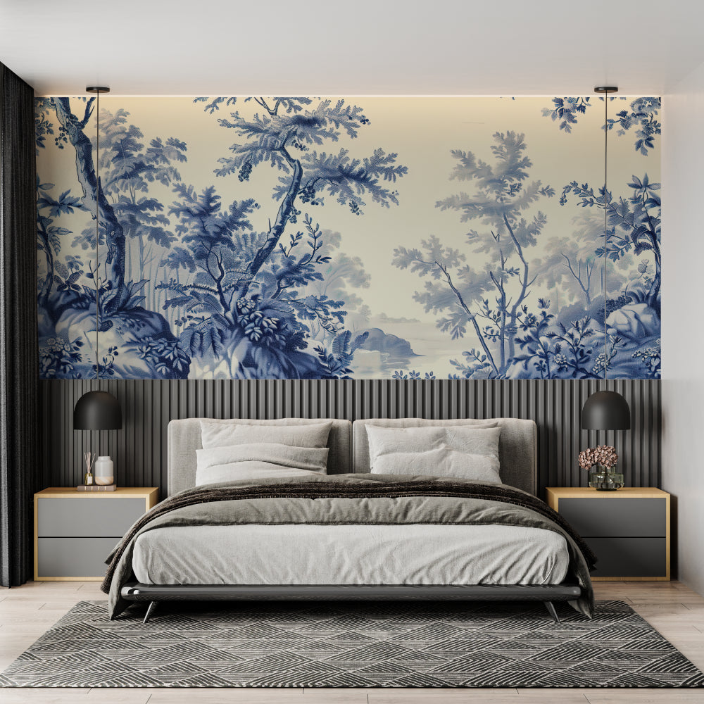 Blue Japanese forest mural creating calm atmosphere in master bedroom