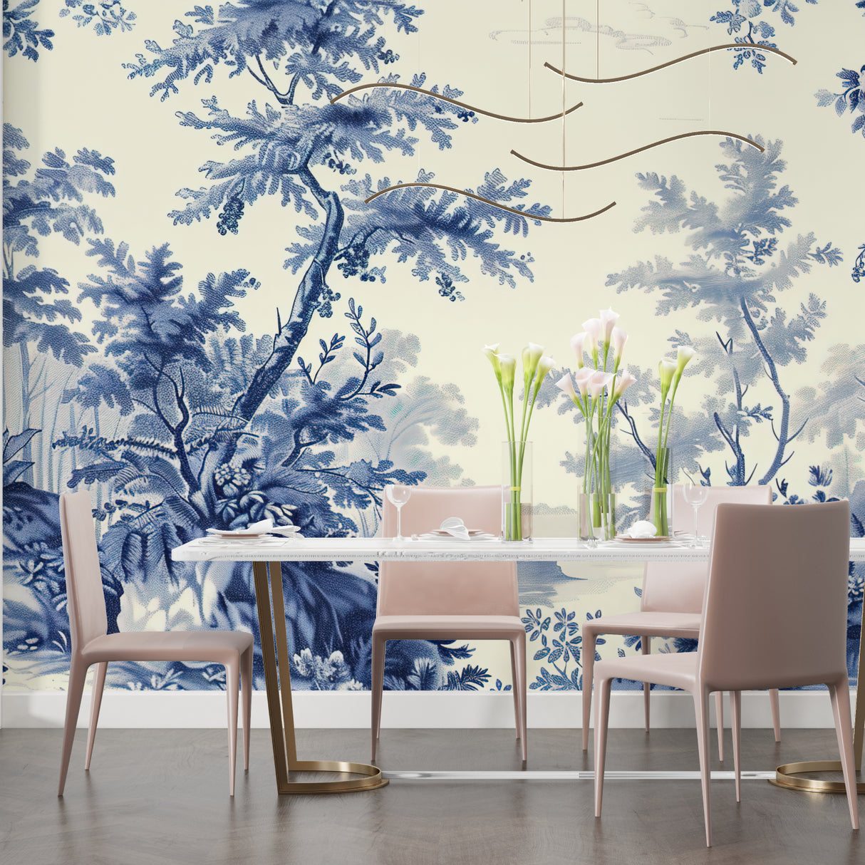 Oriental forest wallpaper transforming meditation room with blue tones