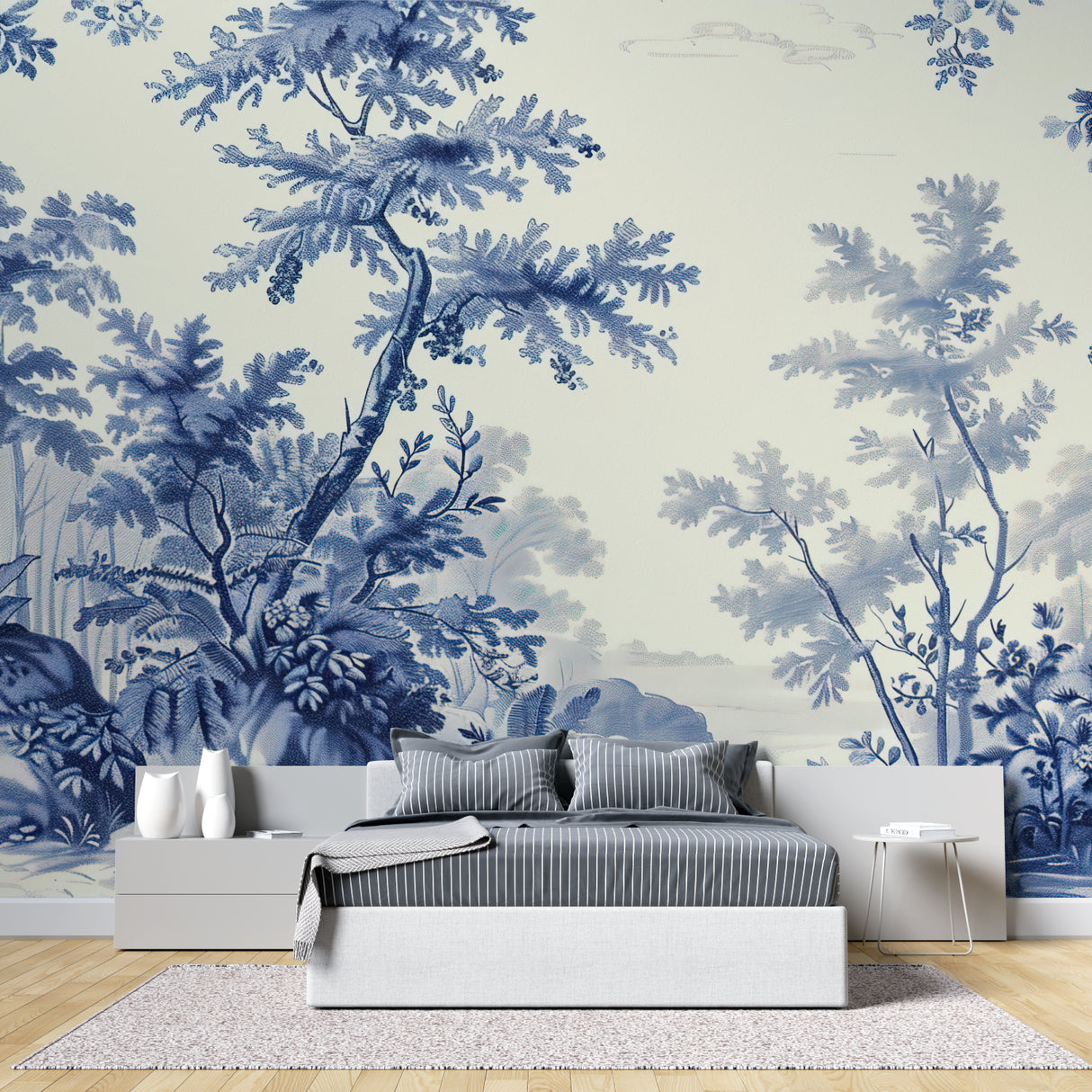 Japanese nature scene mural in minimalist dining room setting