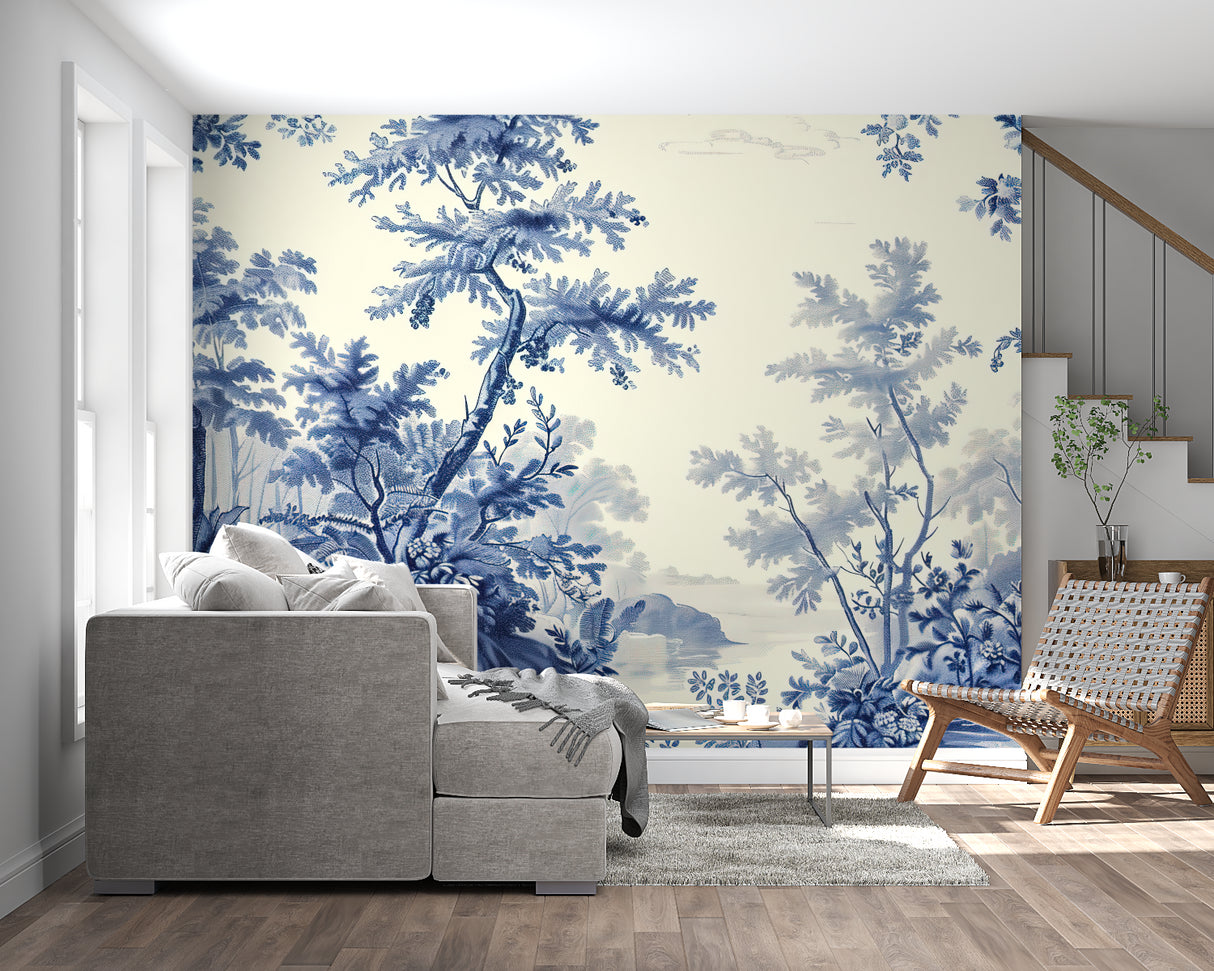 Blue forest wallpaper bringing serenity to home office space