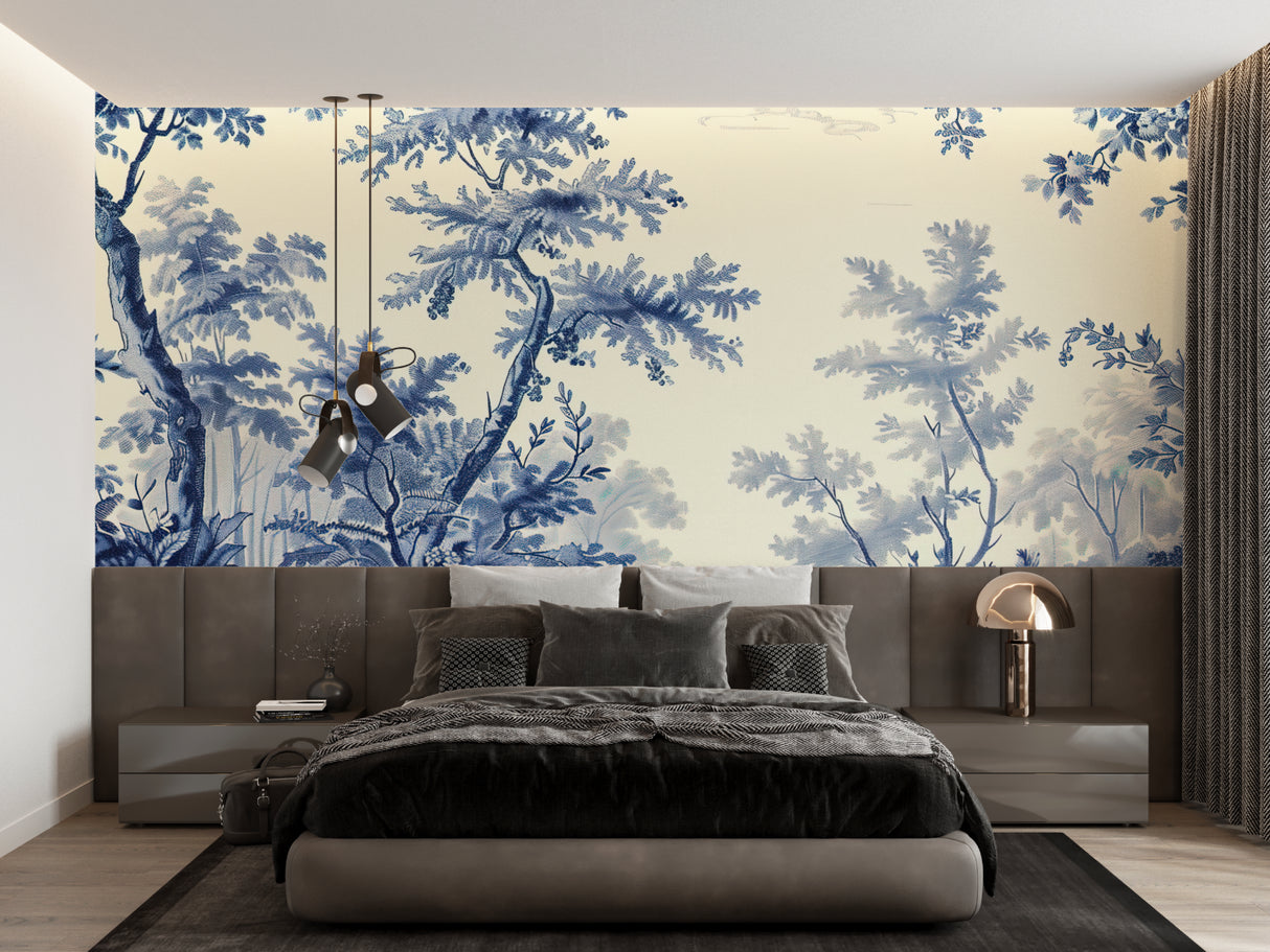 Blue Toile Forest Wallpaper in elegant living room with white furniture and natural light