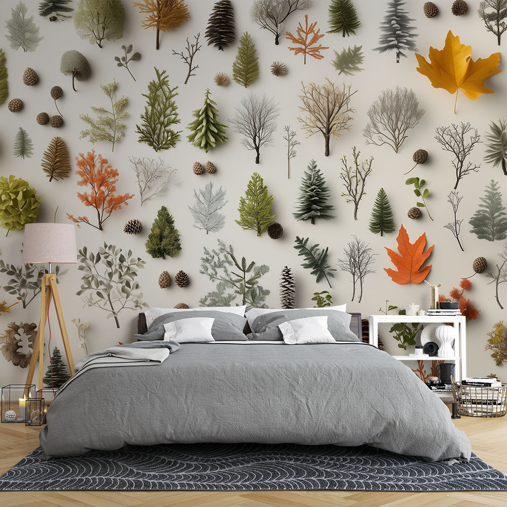 Botanical forest wallpaper creating a calm atmosphere in a modern living room with soft natural lighting