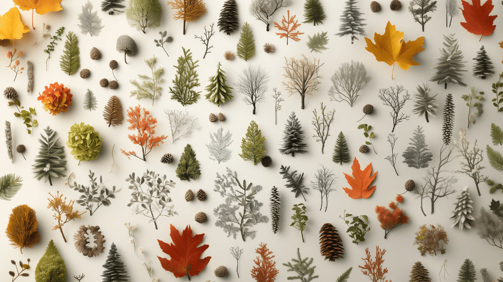 Botanical autumn forest wallpaper design file showing detailed pine cones and maple leaves pattern
